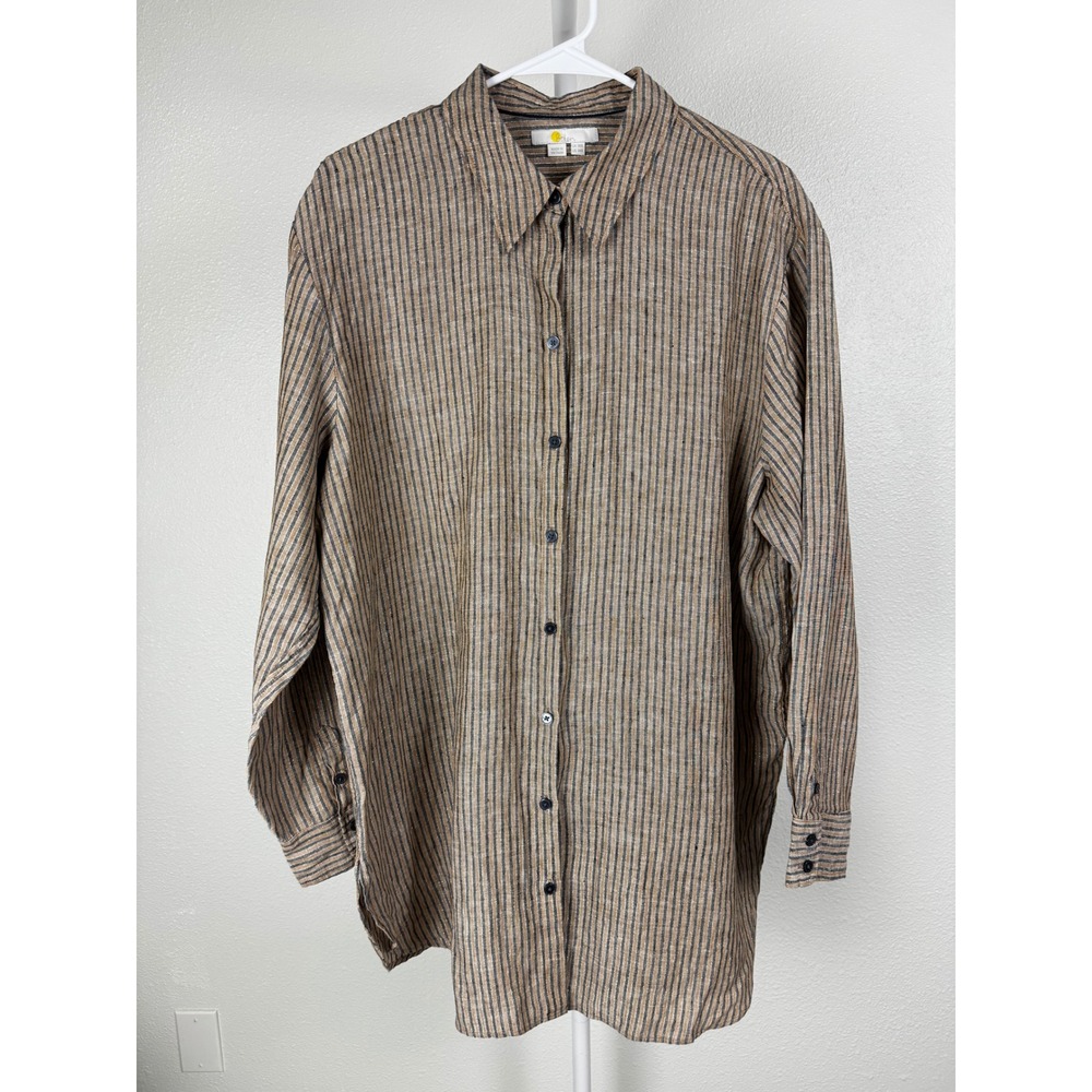 Boden Linen Metallic Stripe Button Down Shirt Tan Black US 14R Long Sleeve T1148
